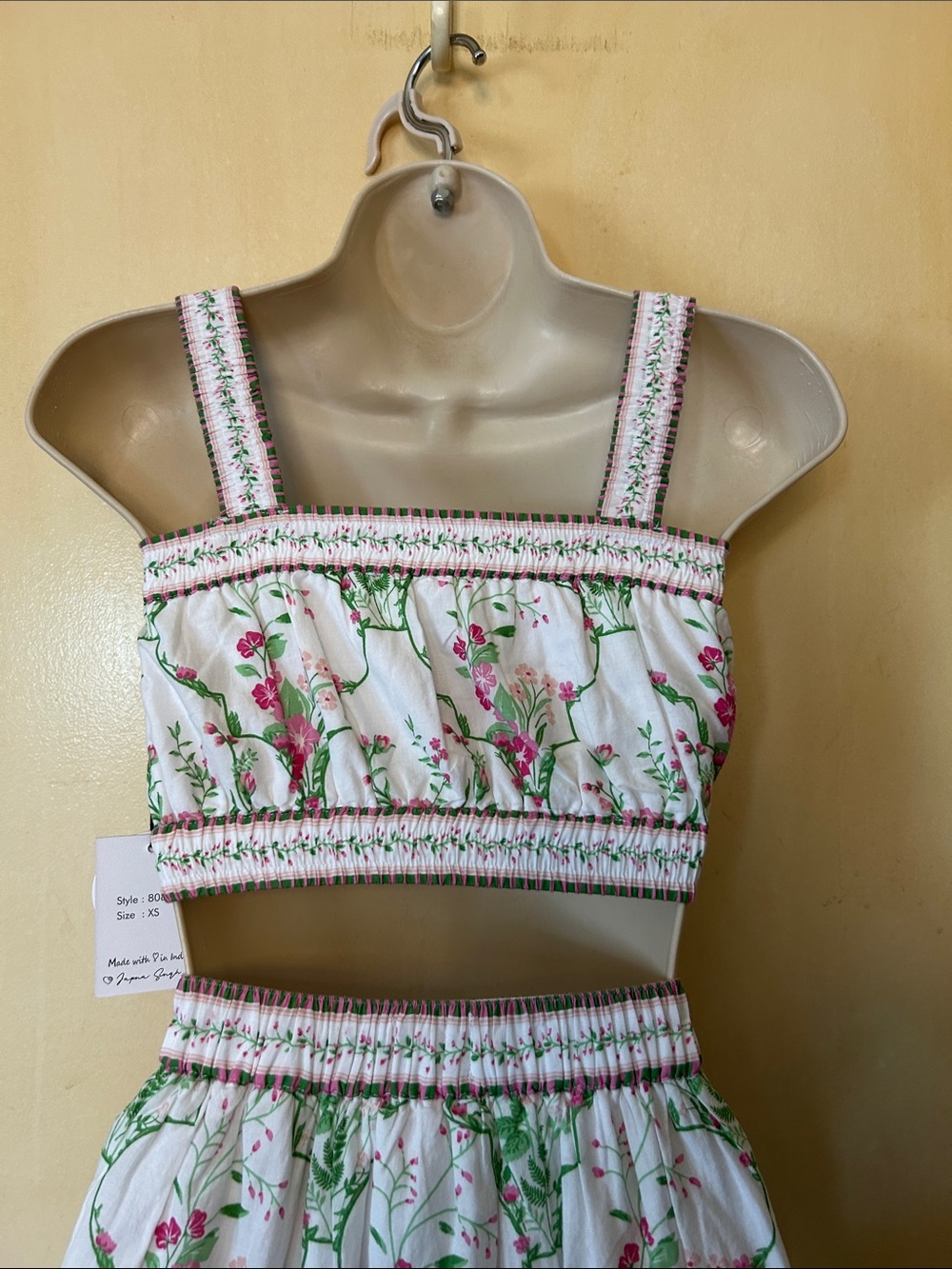 Japna White Floral Crop Top and Maxi Skirt Set with Pink and Green Print - Picture 7 of 12